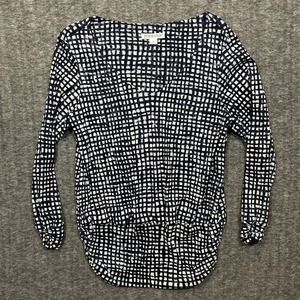 PENDLETON Size‎ XL Navy Blue White Ruched Long Sleeve Geometric Checkered Blouse